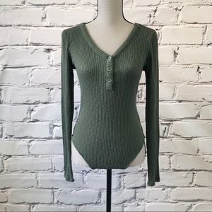 BP Olive Green Ribbed Henley Neck Bodysuit